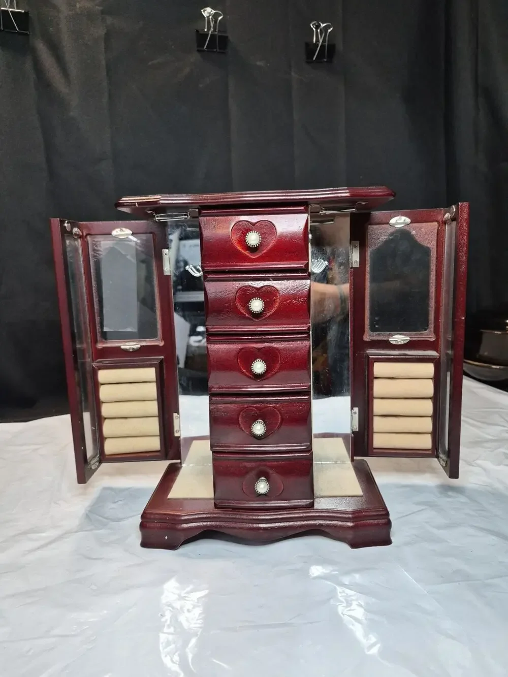 Wooden Jewelry Box Heart 5 Drawers & 2 Side Swing Doors Mirror, Necklace & Ring